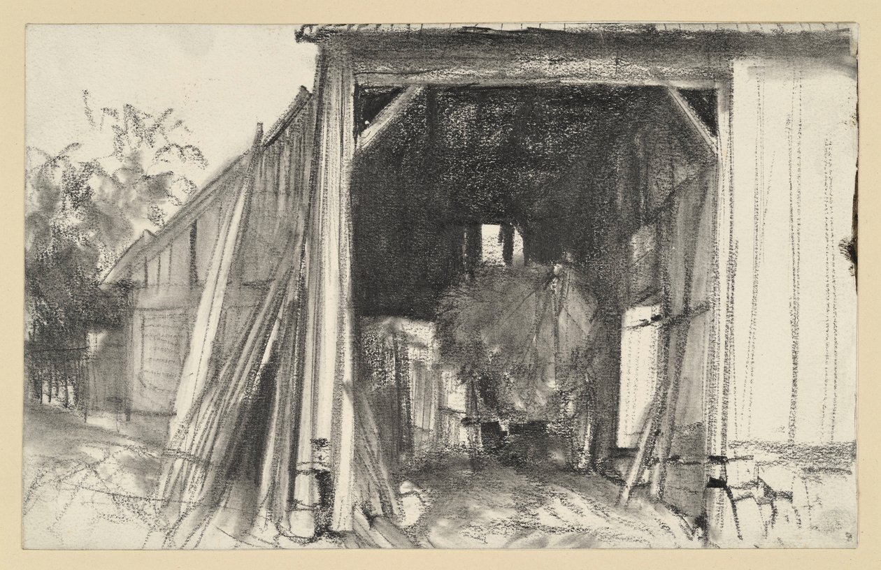 Otevřená stodola, v níž stojí vůz naložený slámou od Adolph Menzel