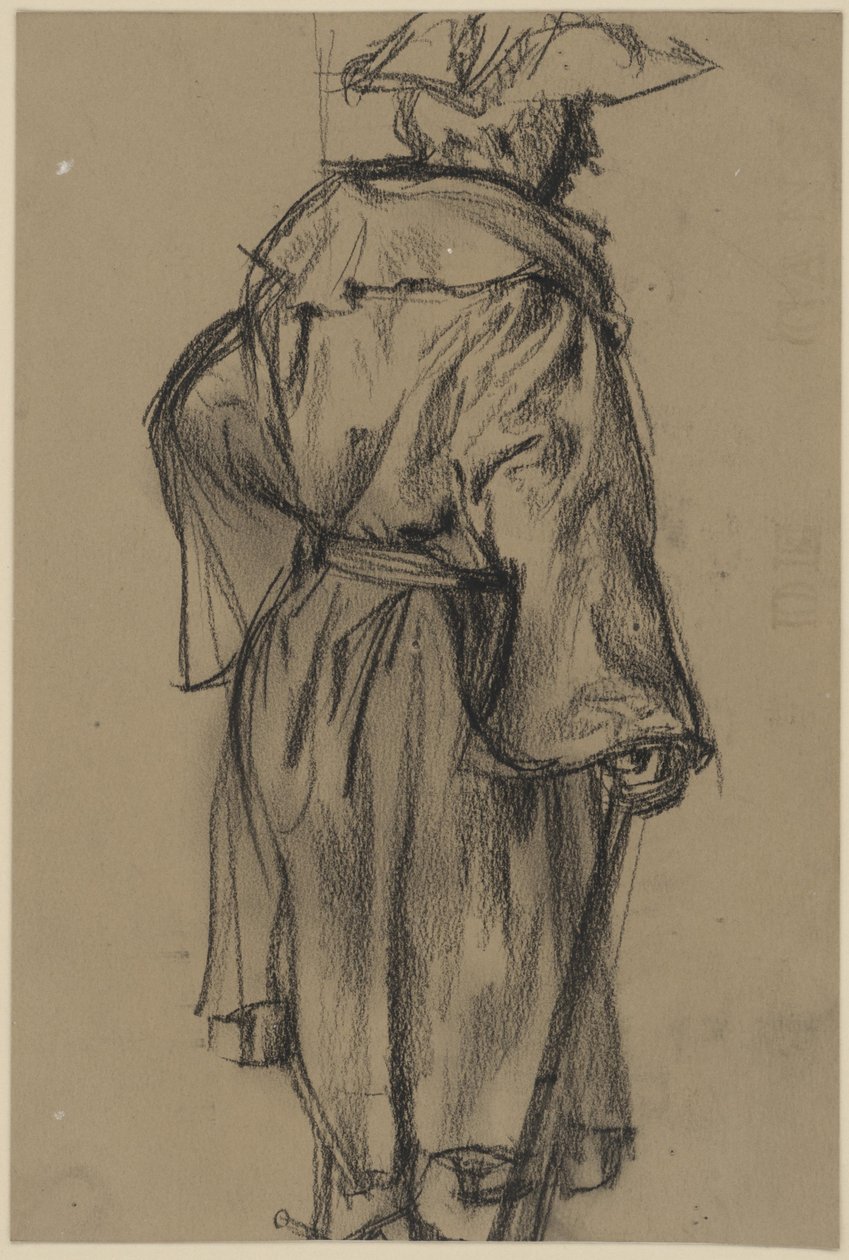 Důstojník v plášti a klobouku, s hůlkou v pravé ruce, pohled z profilu doprava. (Studie držení těla, Moritz von Anhalt-Dessau) od Adolph Menzel