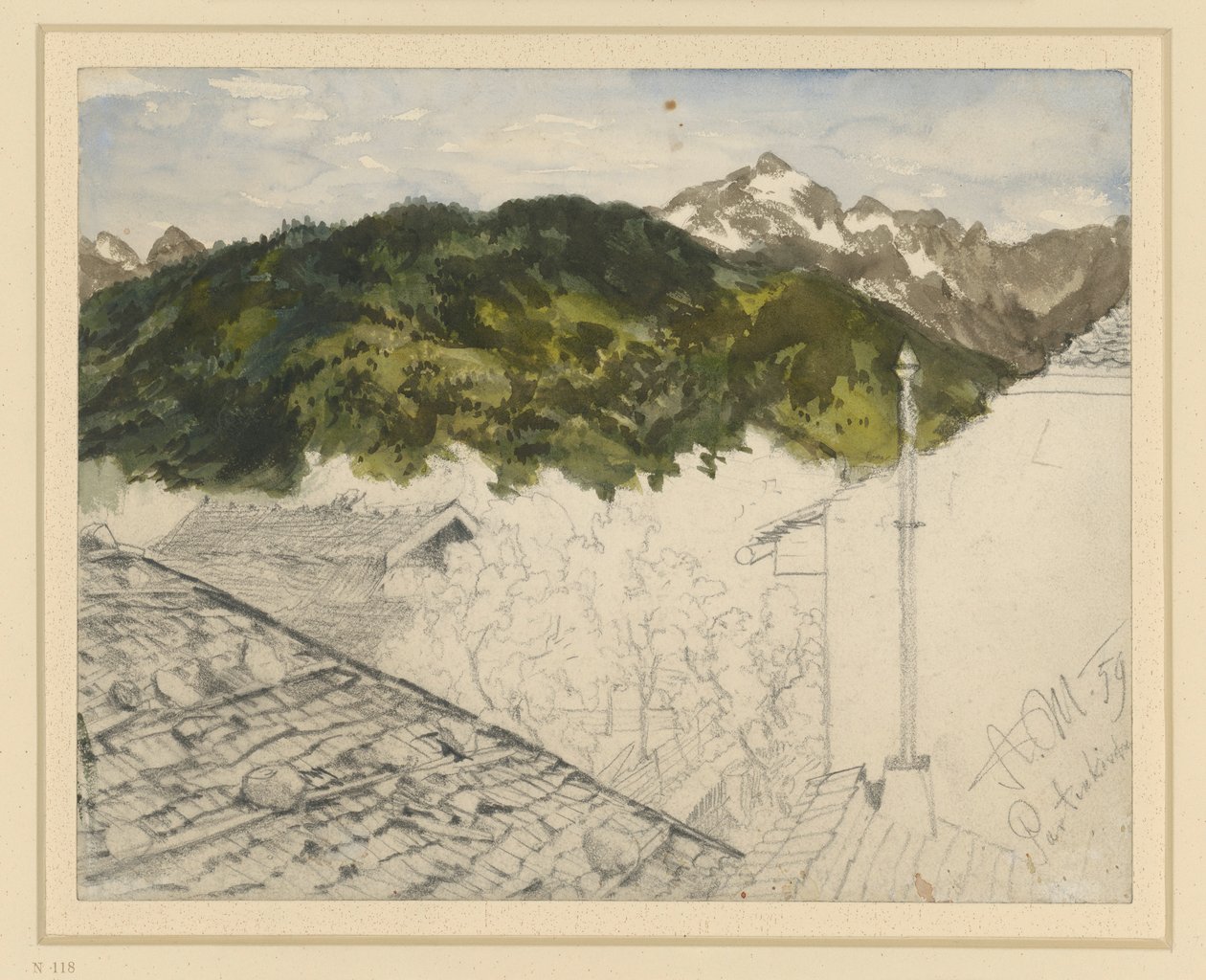Partenkirchen, výhled na hory a venkovské domy od Adolph Menzel