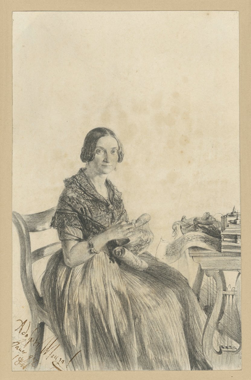Pauline Martini, rozená Dambke, sedící u stolu, s pohledem upřeným na diváka od Adolph Menzel