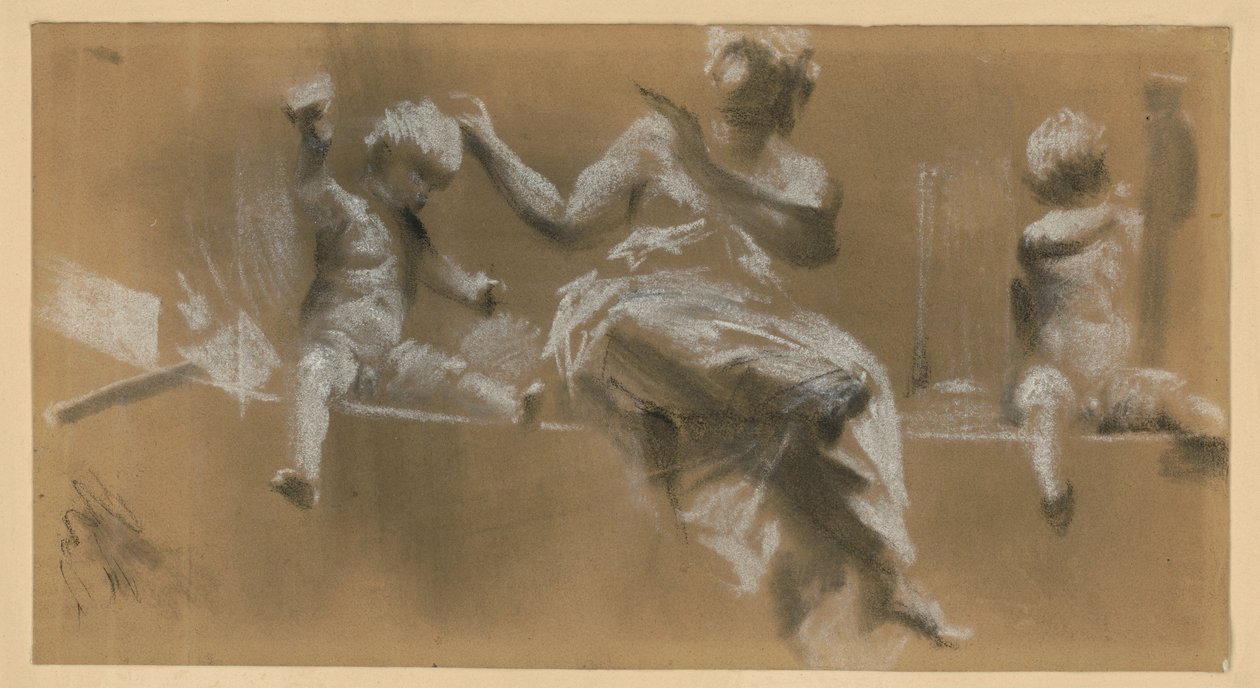 Plastické dílo na římsě, alegorická ženská postava obklopená putty, kteří symbolizují malířství (vpravo) a sochařství (vlevo), viz kat. 159 od Adolph Menzel