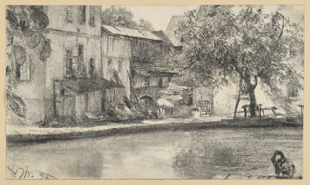 Zadní strana řady domů a strom u vody od Adolph Menzel