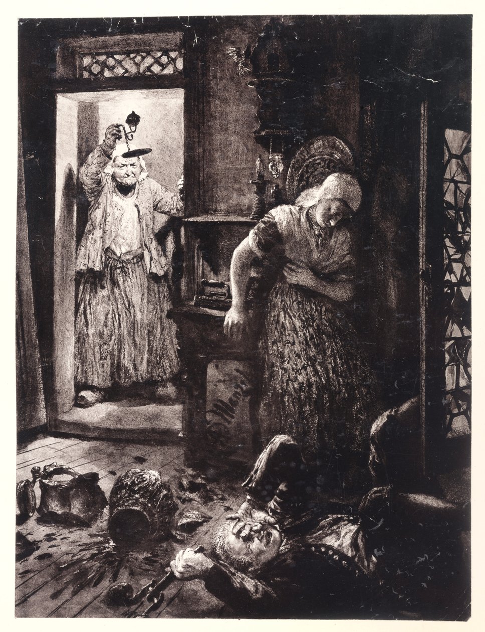 Ruprecht, s klickou v ruce, leží na podlaze v Evině pokoji. Marthe přichází s lampou – podle Heinricha von Kleista „Rozbitý džbán“ od Adolph Menzel