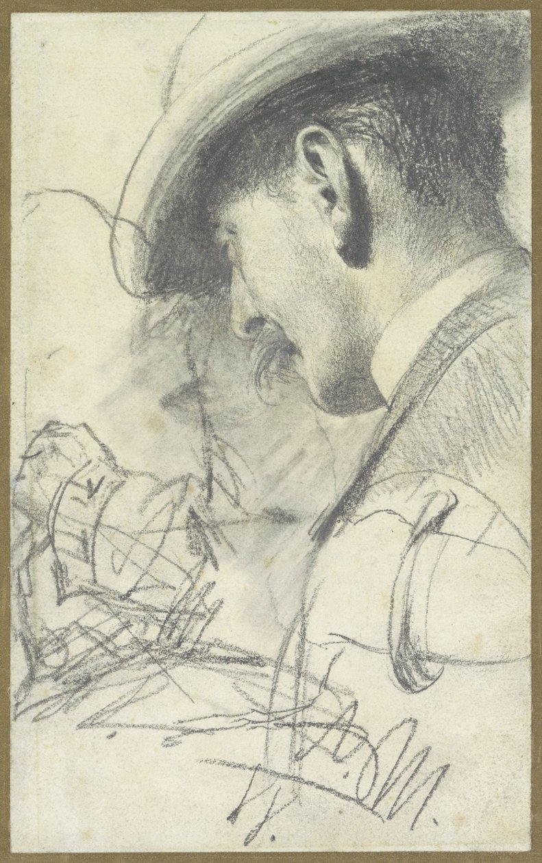 Skica s pánem s knírkem a kloboukem, při pohledu šikmo zezadu, navíc s některými detaily od Adolph Menzel