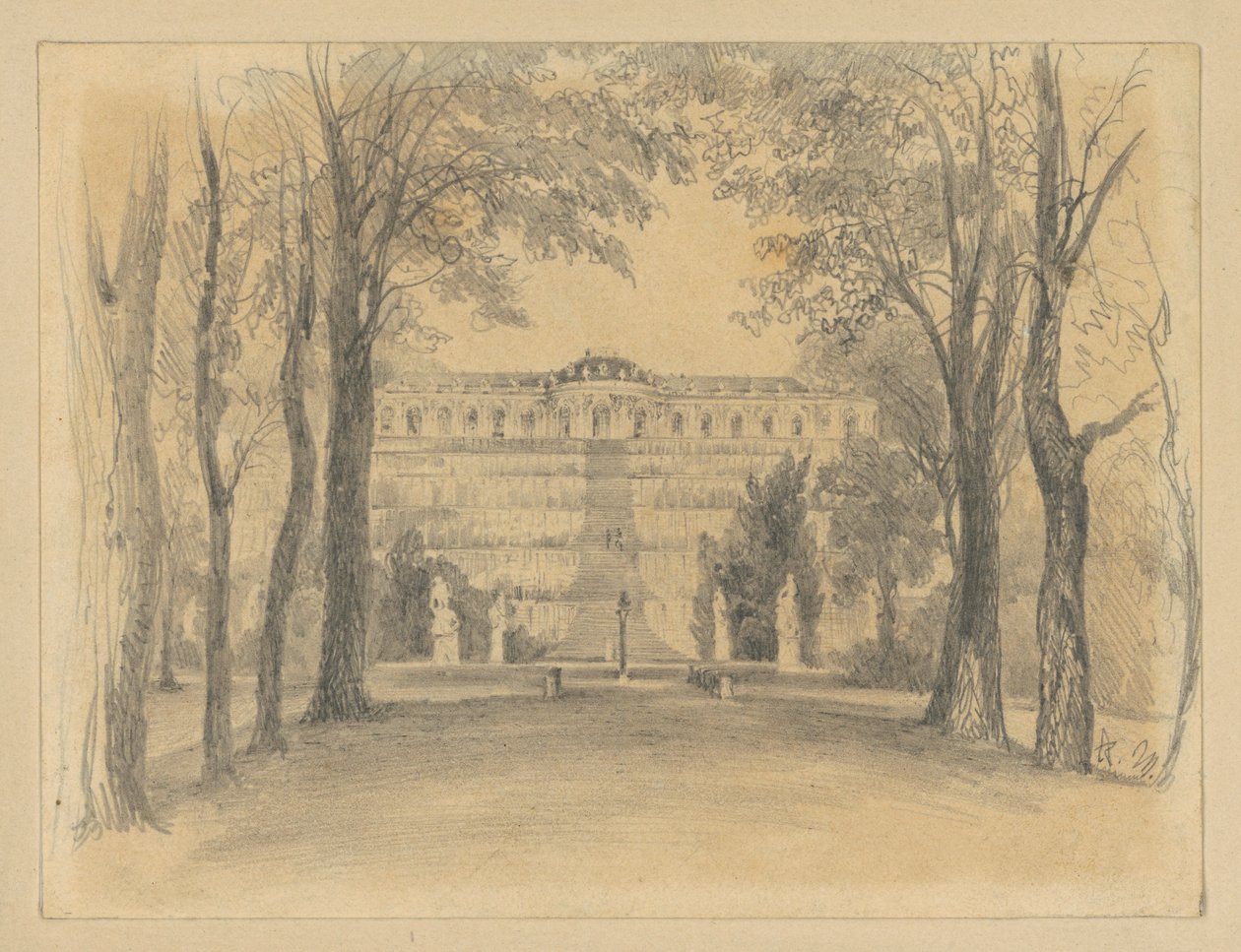 Zámek Sanssouci s terasami a fontánou od Adolph Menzel