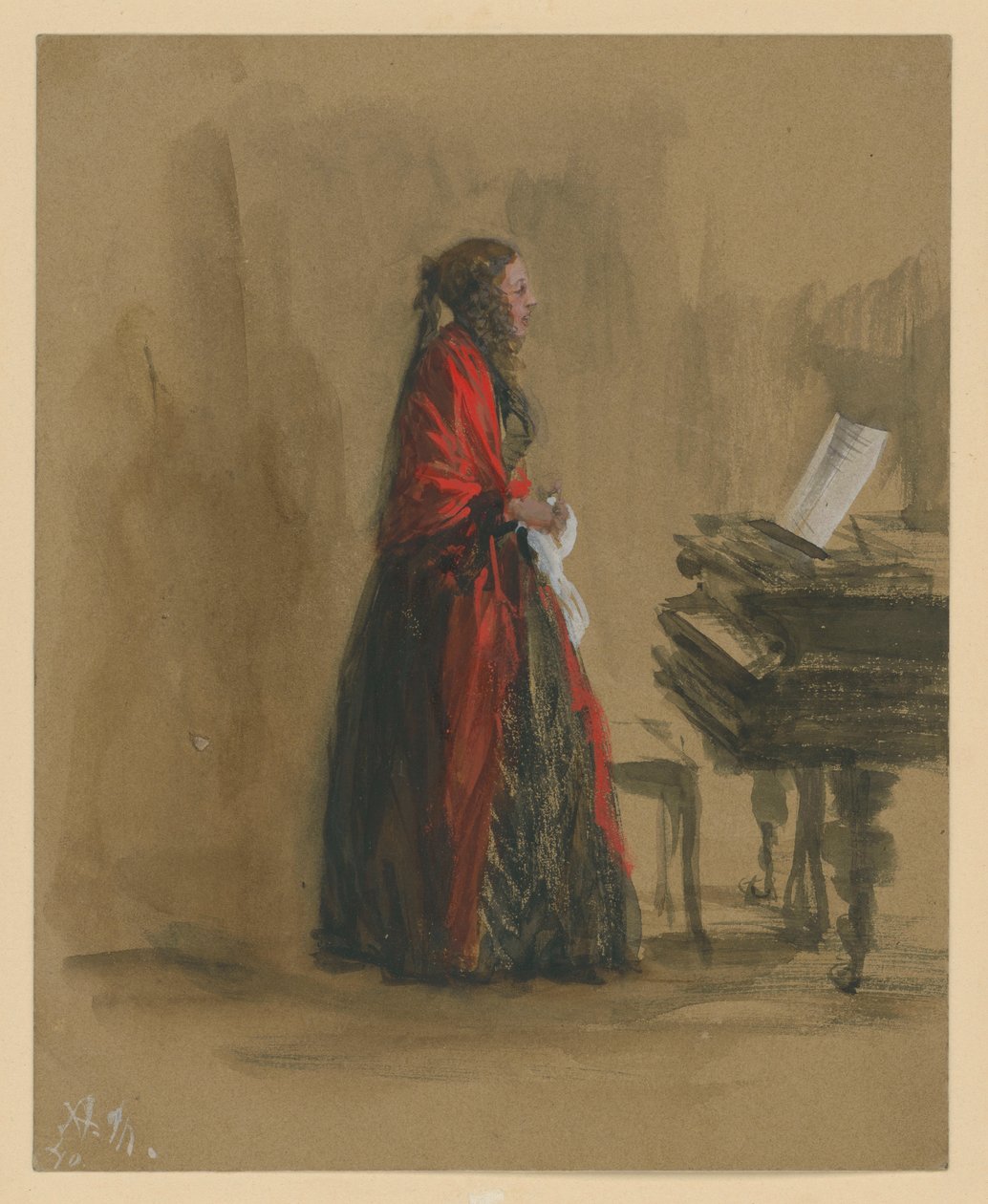 Zpívající žena stojící u klavíru, z profilu doprava od Adolph Menzel