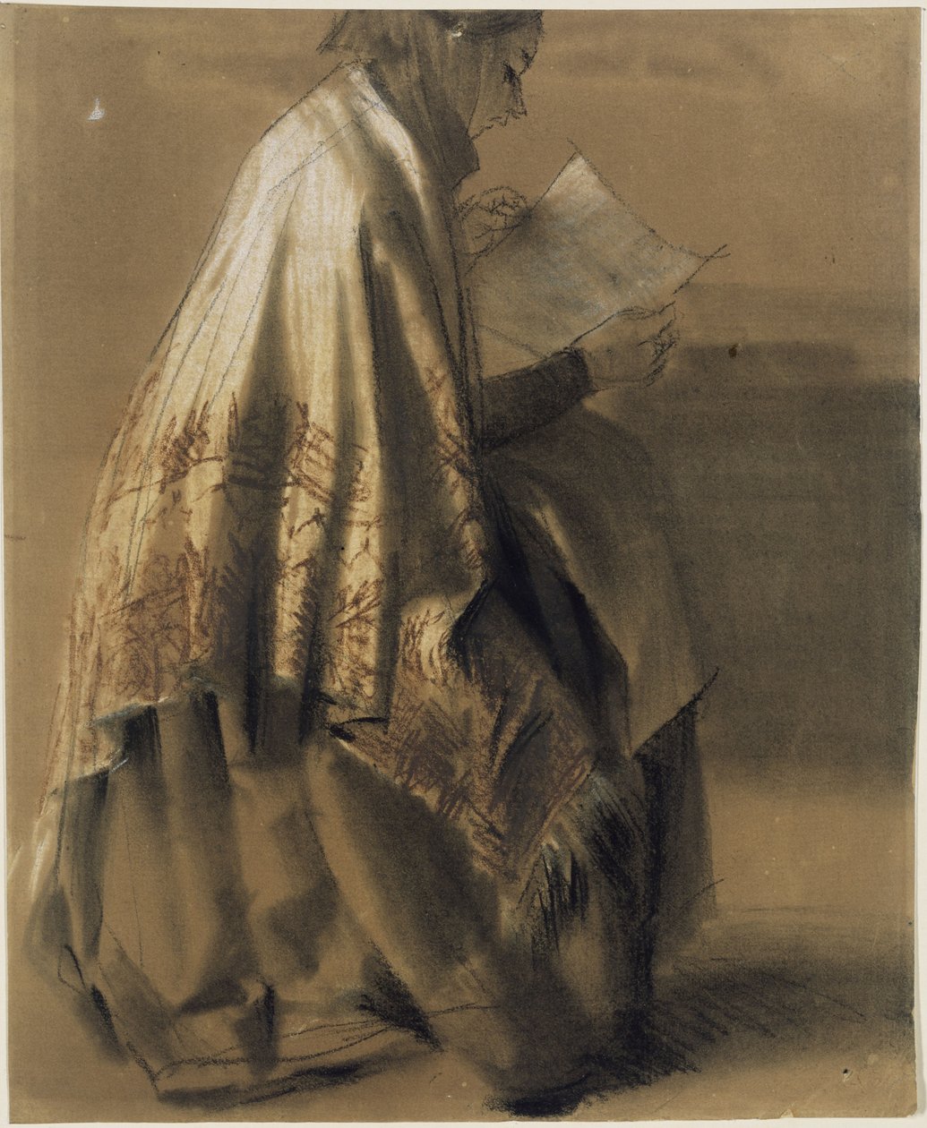 Žena sedící a čtoucí, zahalená do širokého šálu od Adolph Menzel