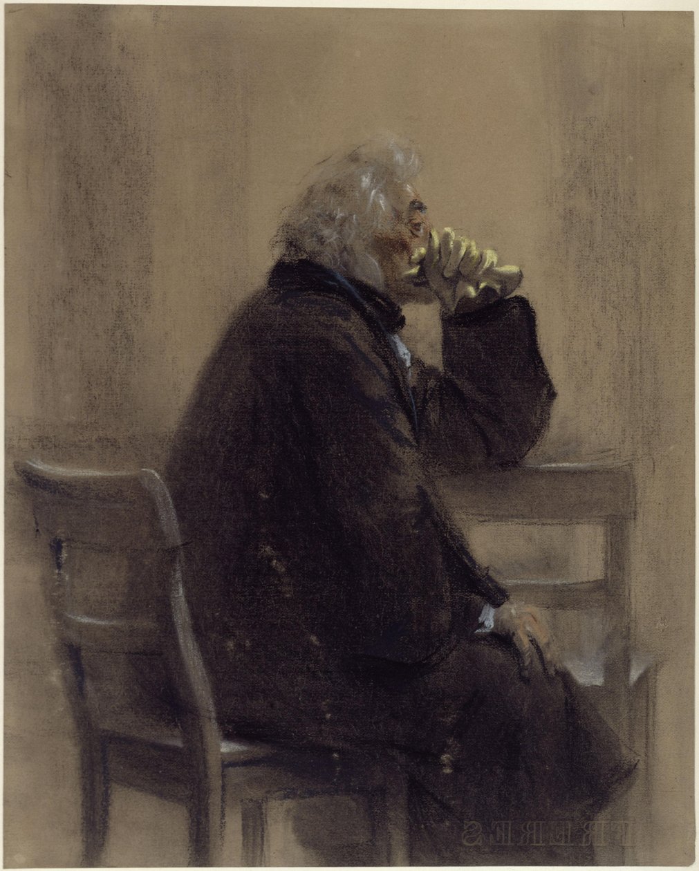 Sedící starší pán v plášti s rukavicemi a chráničem kolen, profil zprava od Adolph Menzel