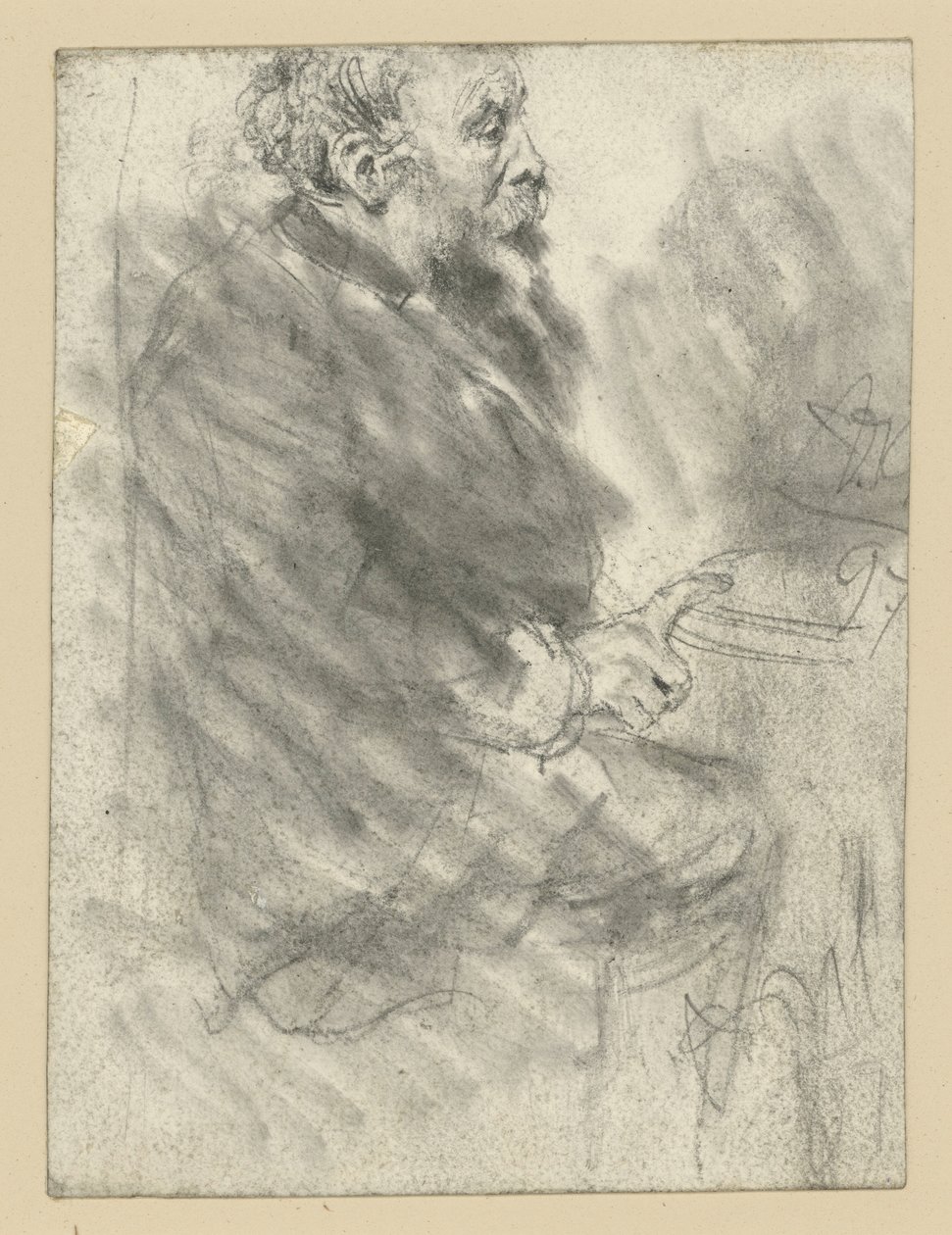 Sedící vousatý muž, pohled směřující doprava, s ukazováčkem pravé ruky nataženým a opřeným o desku stolu od Adolph Menzel