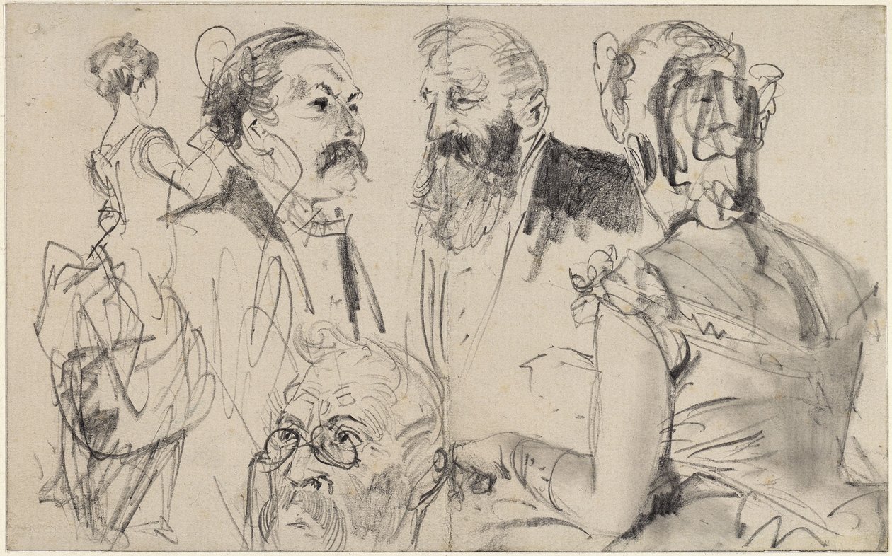 Skicář se třemi mužskými hlavami a dvěma ženskými postavami zezadu z elegantní společnosti od Adolph Menzel