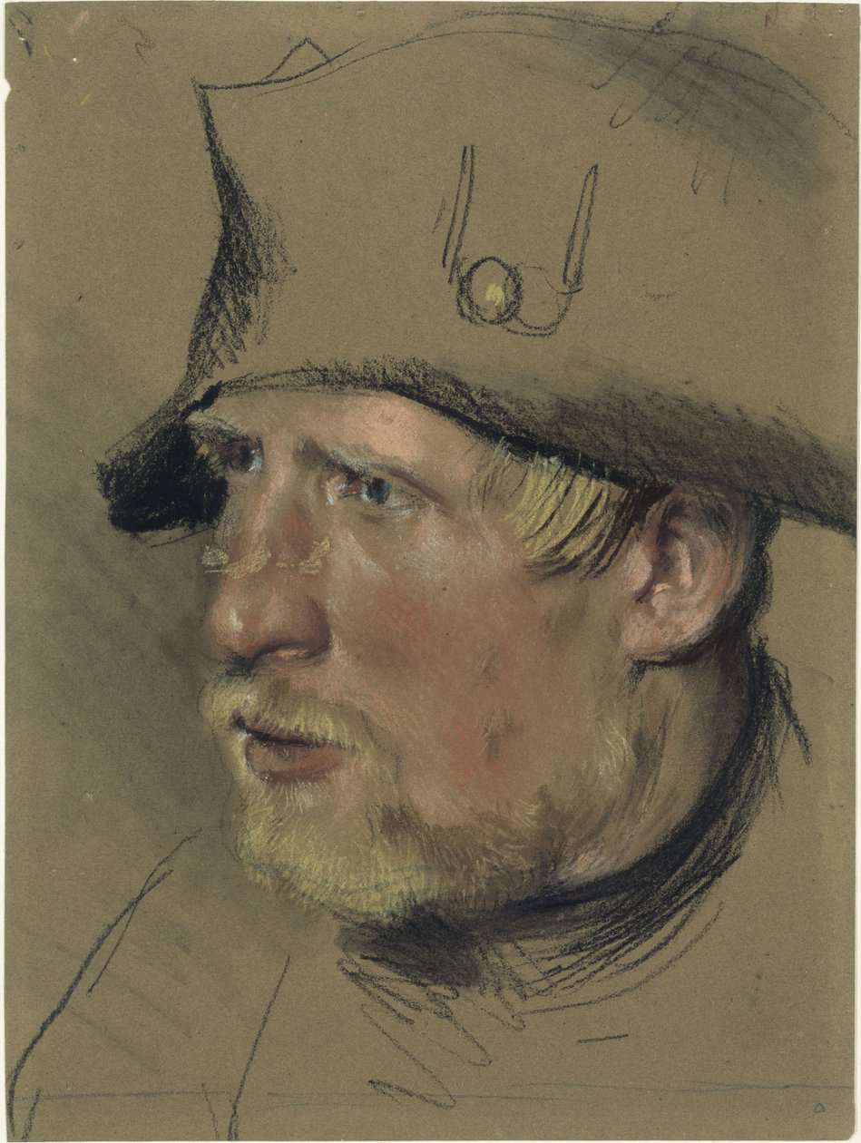 Voják se světlým knírem a bradkou v třírohém klobouku, studie hlavy od Adolph Menzel