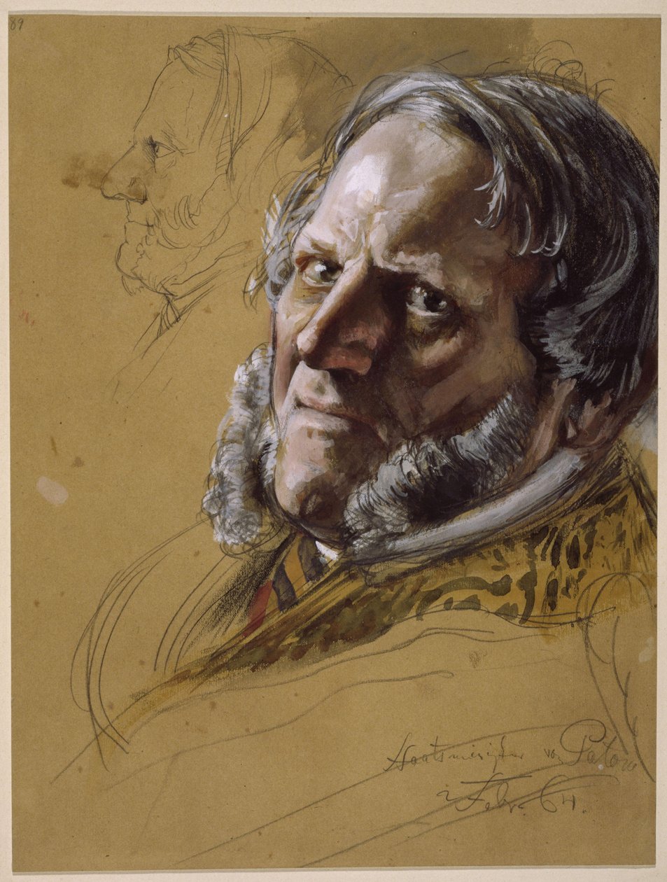 Státní ministr von Patow, poprsí, 3/4 zepředu, vlevo: hlava v profilu doleva, portrétní studie z díla „Korunovace Viléma I. v Königsbergu“ od Adolph Menzel