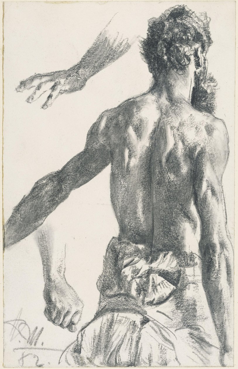 Stojící vousatý muž, polonahý, pohled zezadu od Adolph Menzel
