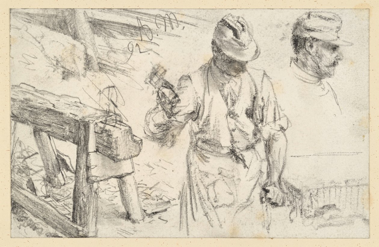 Kameník při práci, dílenský kozlík a detaily od Adolph Menzel