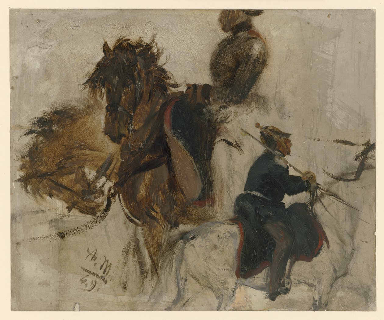 Studie s jezdcem vojákem a koňskými hlavami od Adolph Menzel
