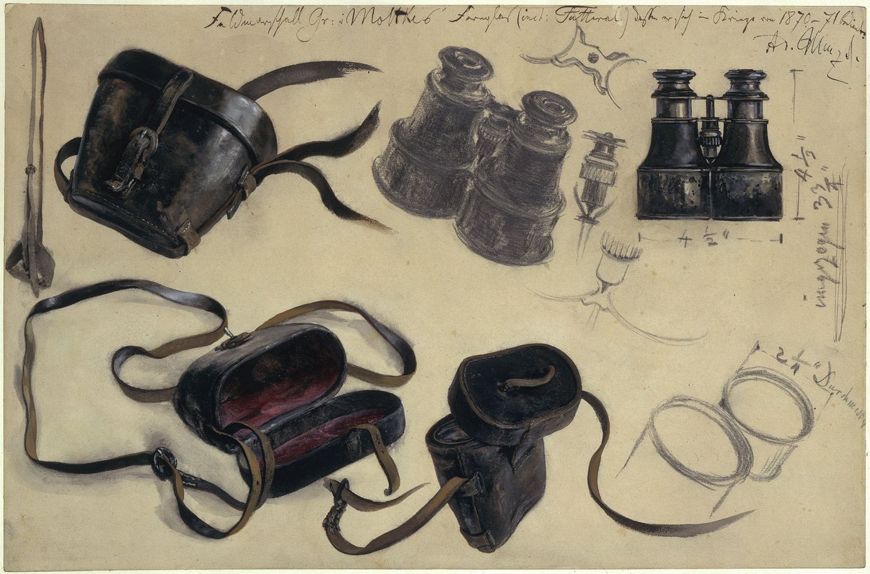 Studie podle dalekohledu polního maršála hraběte von Moltkeho, pouzdro a detaily, s poznámkami od Adolph Menzel