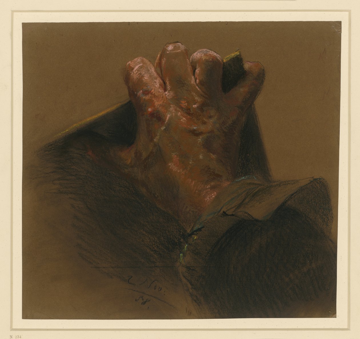 Studie podle mužské pravé ruky sahající přes okraje desky od Adolph Menzel