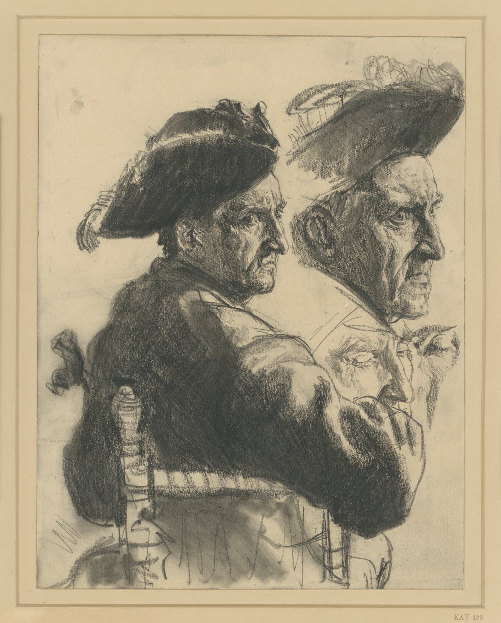 Studijní list: sedící důstojník viděný zezadu, studie hlavy, detaily obličeje od Adolph Menzel