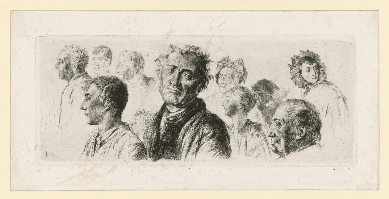 Studijní list z blázince. Deset hlav, většinou otočených doleva od Adolph Menzel