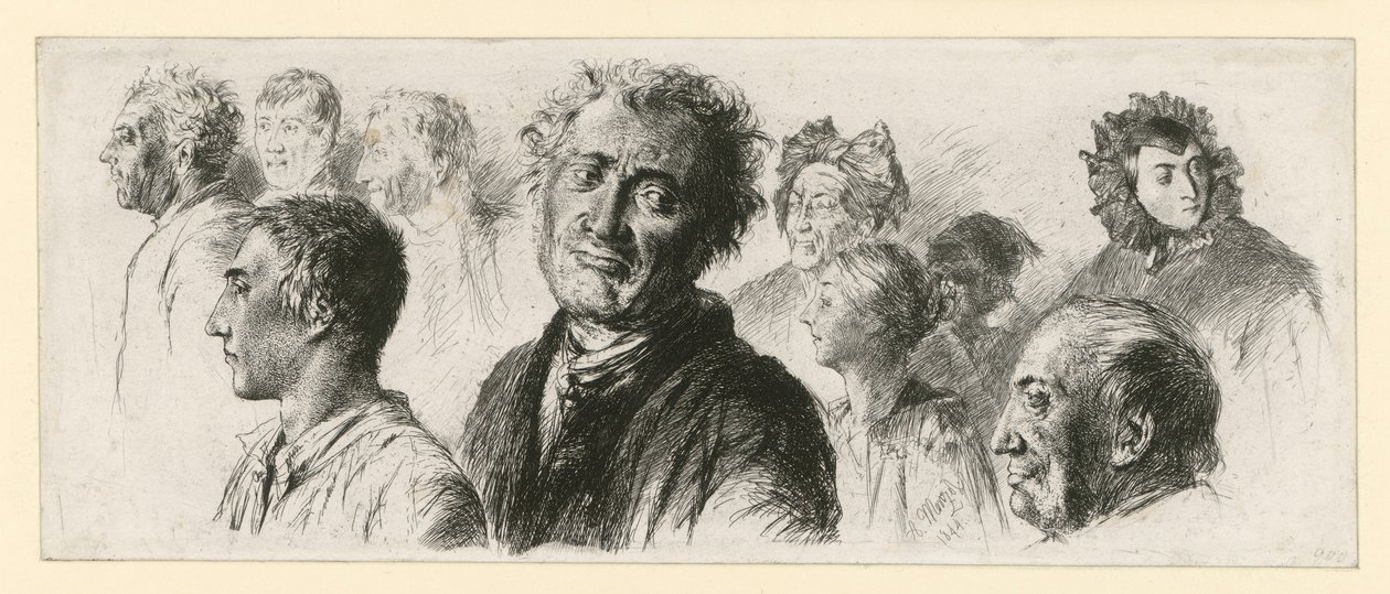 Studijní list z blázince. Deset hlav, většinou otočených doleva od Adolph Menzel