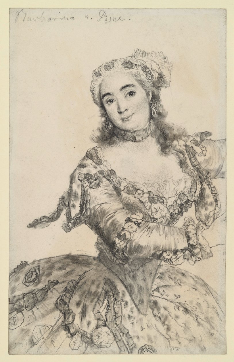 Tanečnice Barbarina v tanečním pohybu. Portrét po kolena en face. Kopie podle Pesneho v Sanssouci. od Adolph Menzel