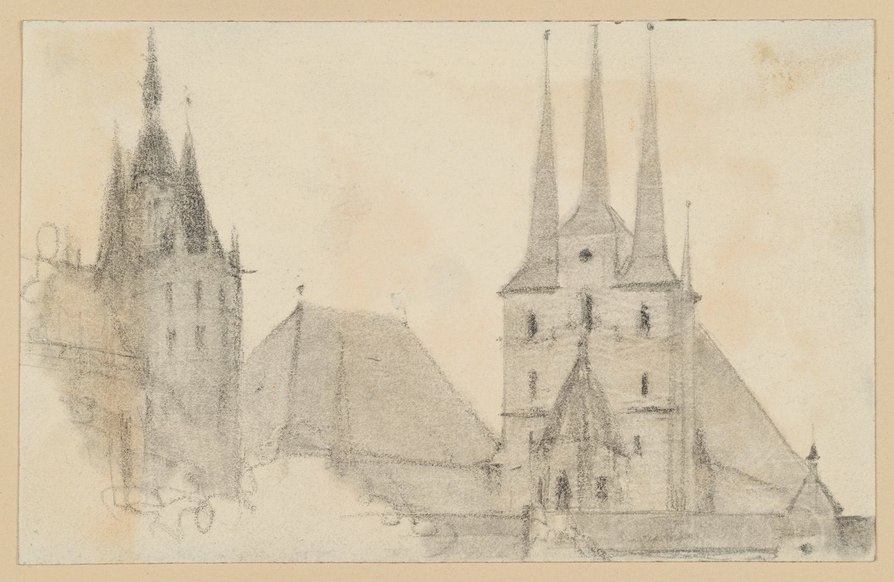Věže a střechy katedrály a kostela sv. Severina v Erfurtu od Adolph Menzel