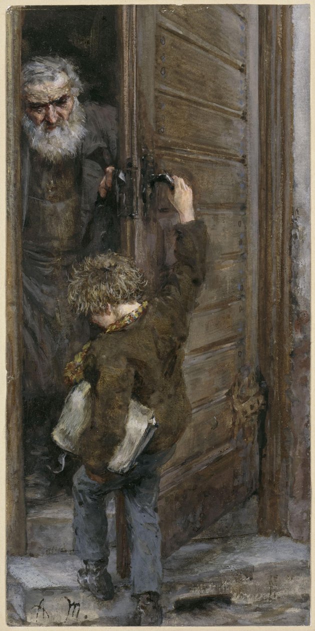 Otec a syn u dveří. Z „Dětského alba“ od Adolph Menzel