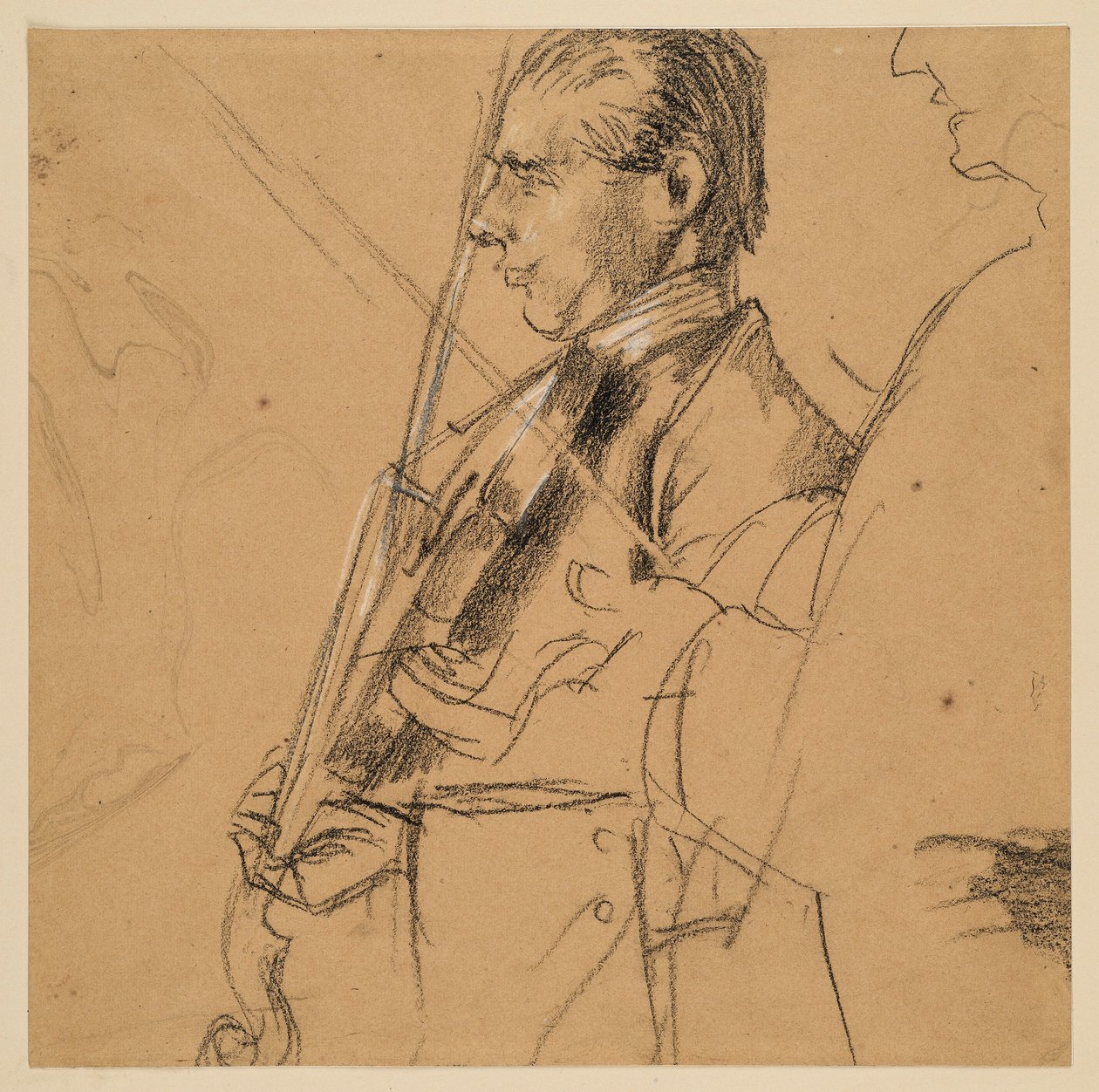 Hráč na housle. Polopostava. Profil vlevo. Vpravo náčrt profilu. Předběžná studie k obrazu „Flétnový koncert Fridricha Velikého v Sanssouci“ od Adolph Menzel