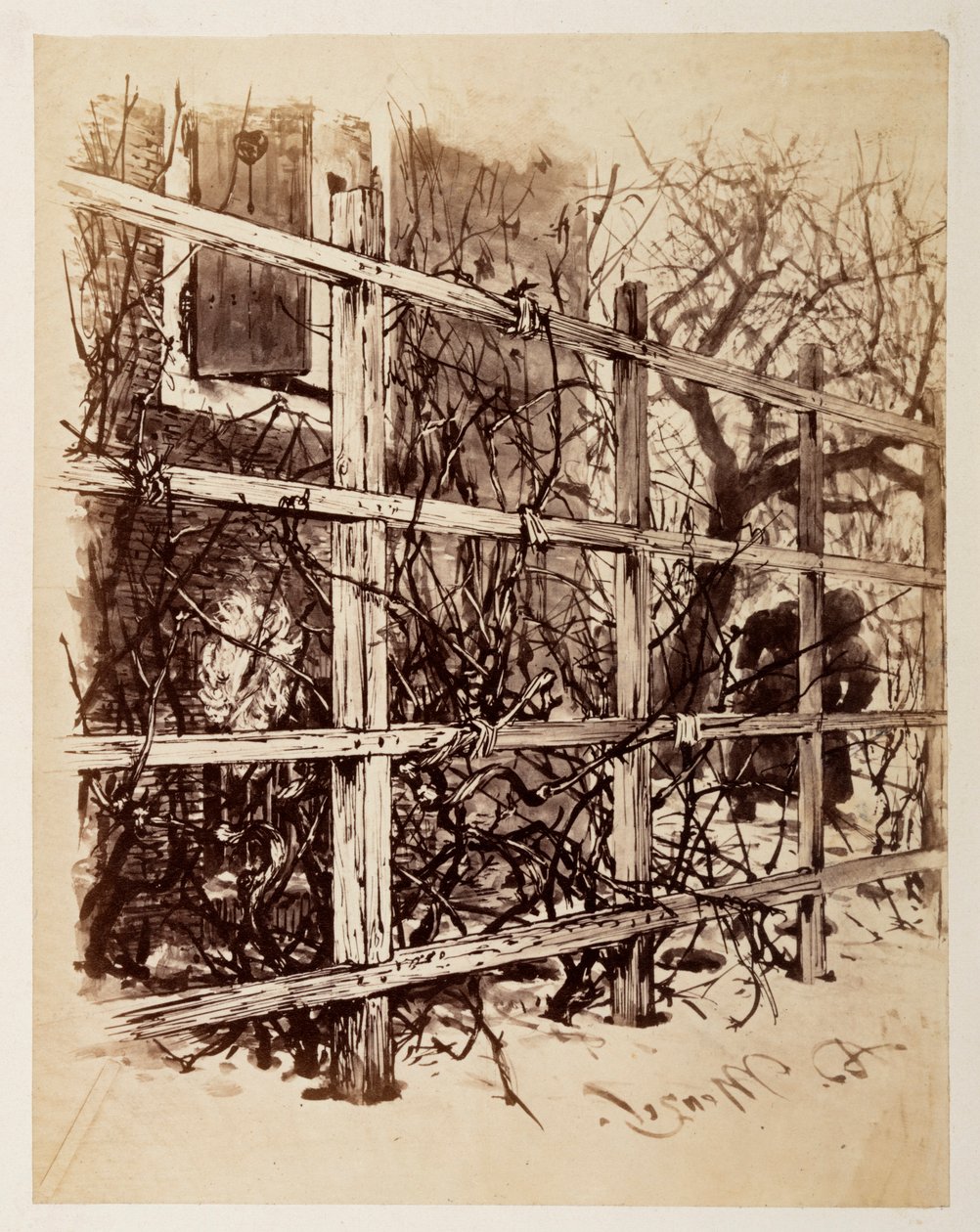 Před domem visí mříž, na které je zavěšena paruka, podle povídky Heinricha von Kleista „Rozbitý džbán“ od Adolph Menzel