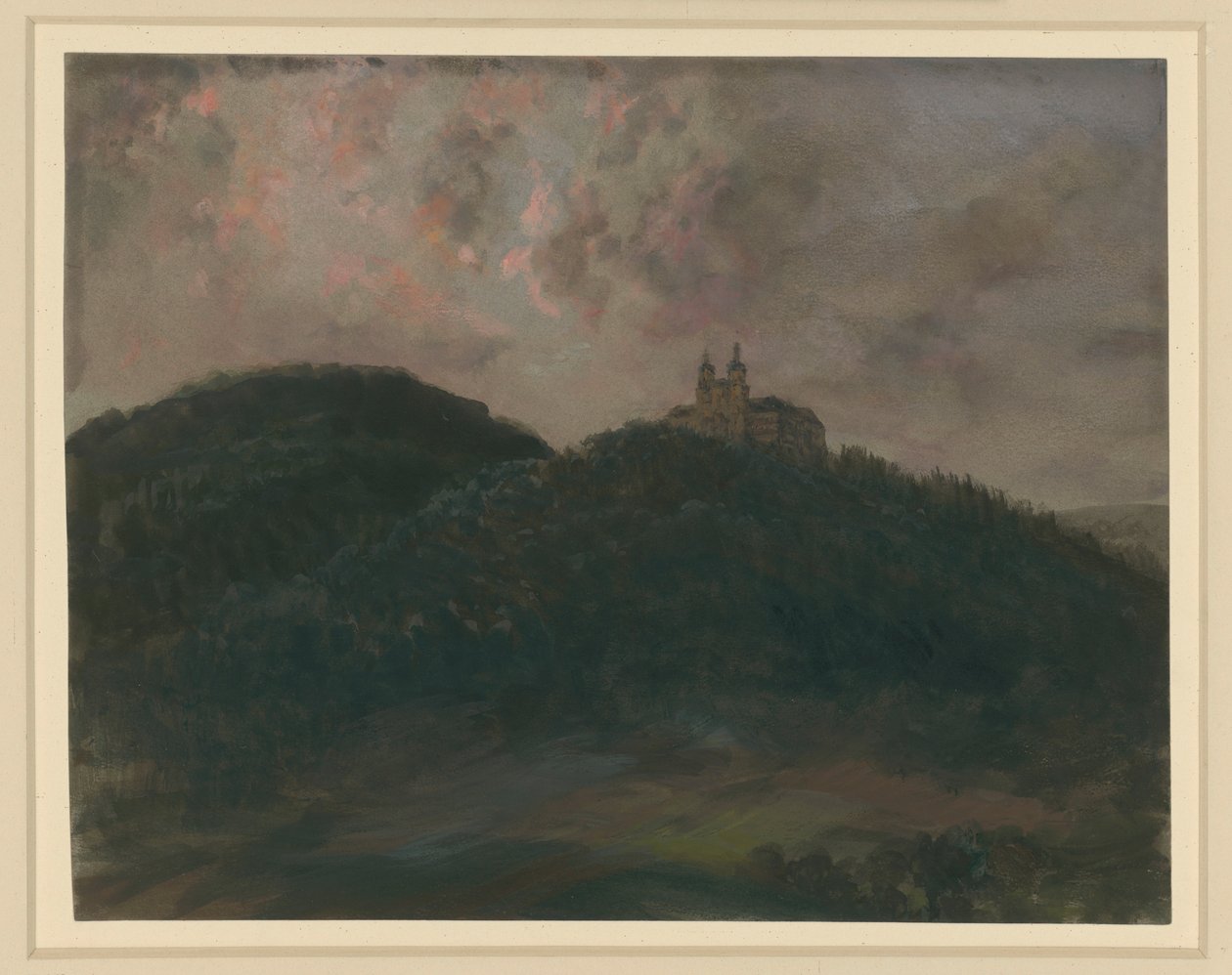 Lesnatá horská krajina s klášterem Banz u Lichtenfelsu v Bavorsku na vrcholu od Adolph Menzel