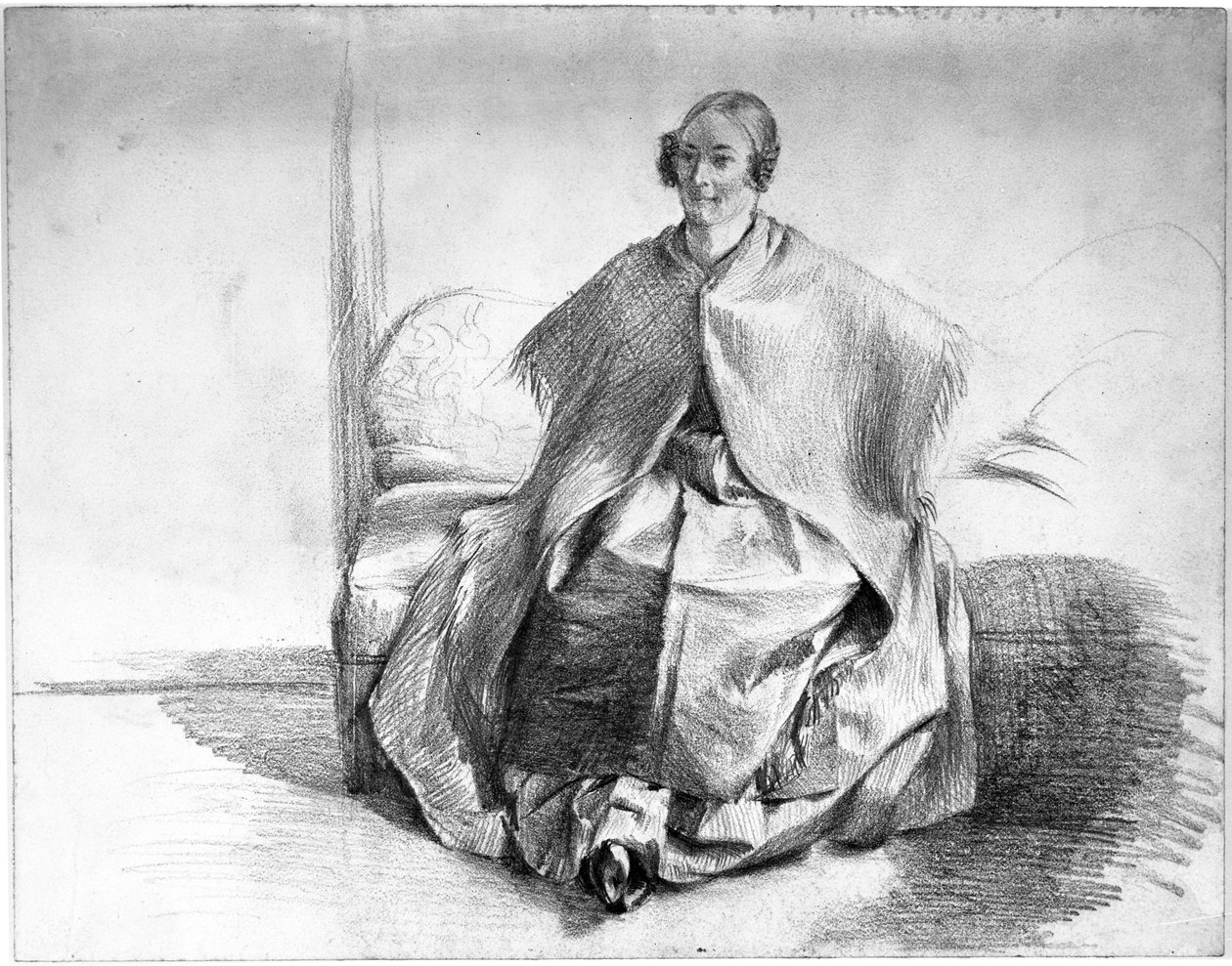 Ženská figurína v kostýmu s šátkem, sedící na pohovce od Adolph Menzel