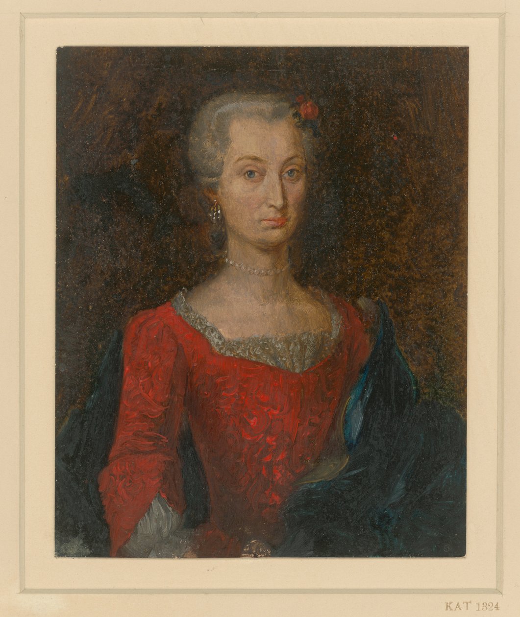 Portrét ženy v červených šatech s modrým pláštěm od Adolph Menzel