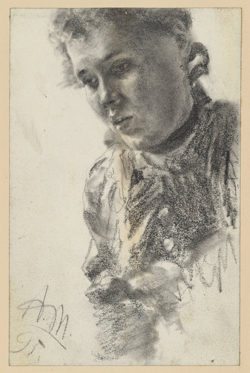 Ženský poprsní portrét otočený doleva, s hlavou nakloněnou dopředu od Adolph Menzel