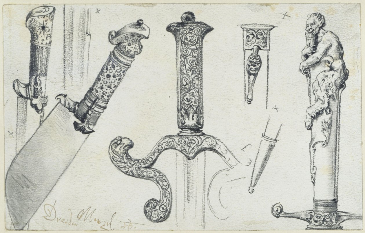 Pastýřský nůž z konce 16. století, lovecký meč z první poloviny 17. století a lovecký nůž „Permoser“ z počátku 18. století, Historické muzeum, Drážďany od Adolph Menzel