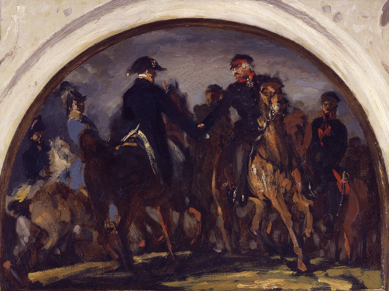 Wellington a Blücher po bitvě u Belle-Alliance. Olejová studie od Adolph Menzel