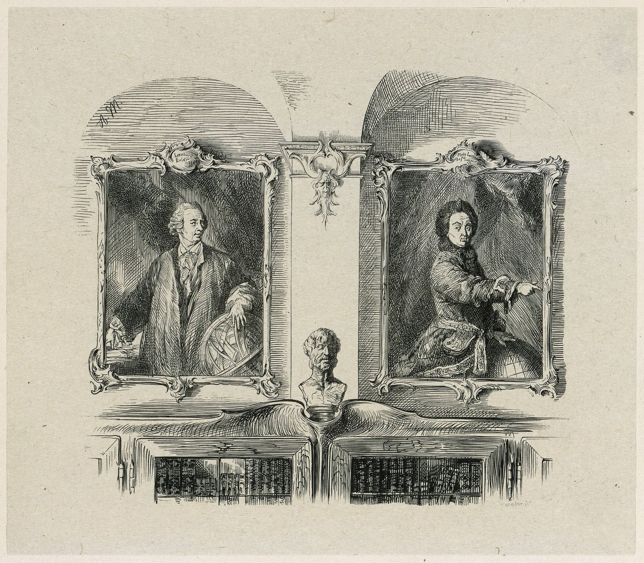 Díla Fridricha Velikého. Leonhard Euler a Pierre-Louis de Maupertuis od Adolph Menzel