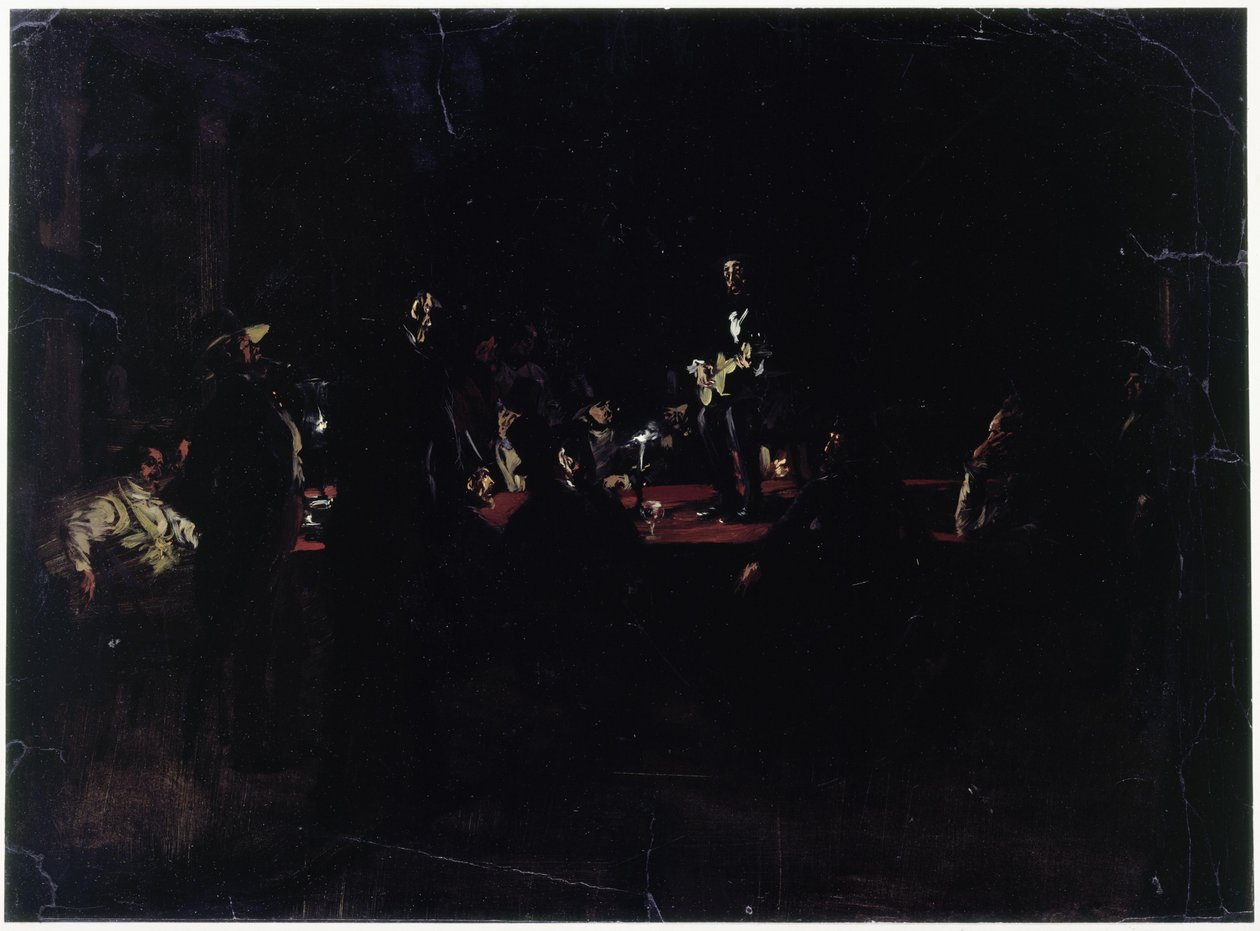 Hosté kolem velkého stolu a zpěvák od Adolph Menzel