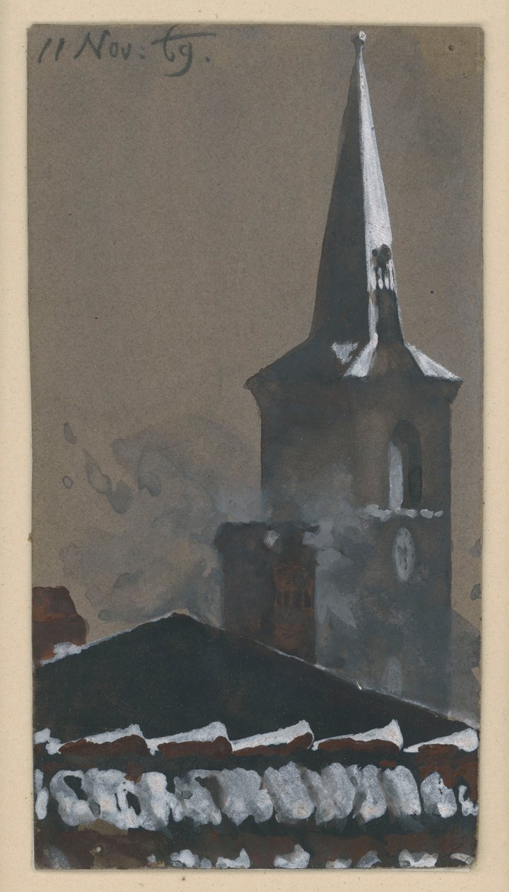 Zasněžená tašková střecha a kostelní věž od Adolph Menzel