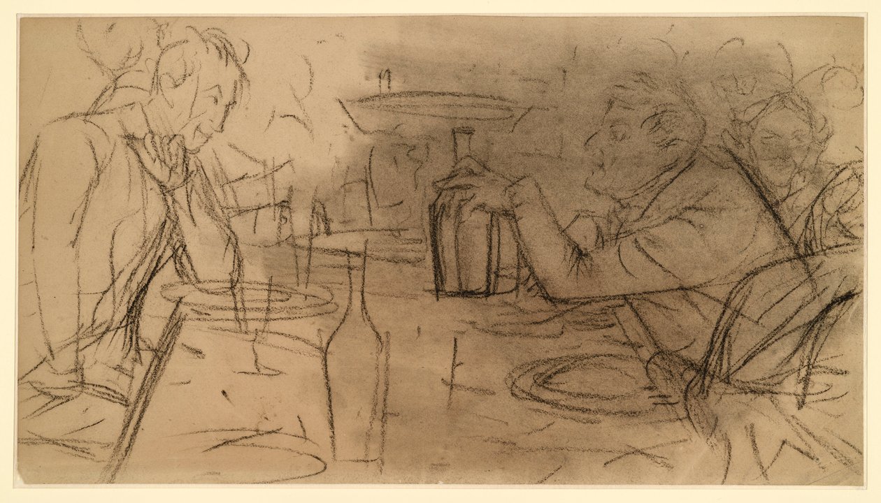 Dva pánové sedící naproti sobě u stolu v hospodě a povídající si od Adolph Menzel