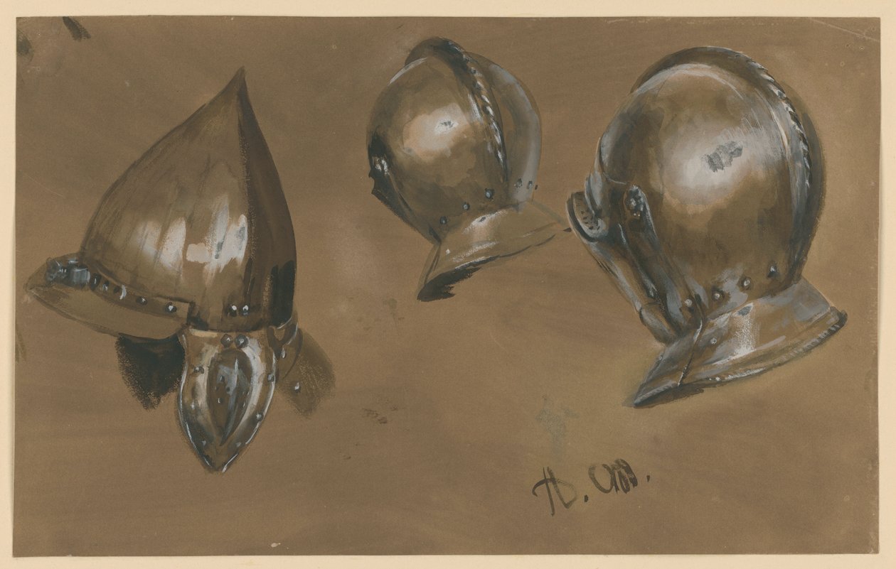Dvě hlavové zbroje a přilba od Adolph Menzel