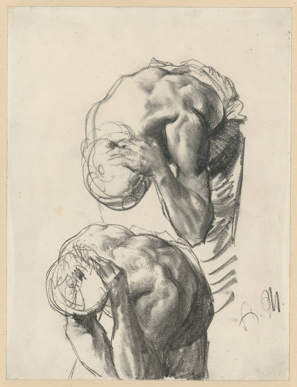 Dvě studie: Myjící se dělník. Studie k obrazu „Válcovna železa. Moderní Kyklopové“ od Adolph Menzel