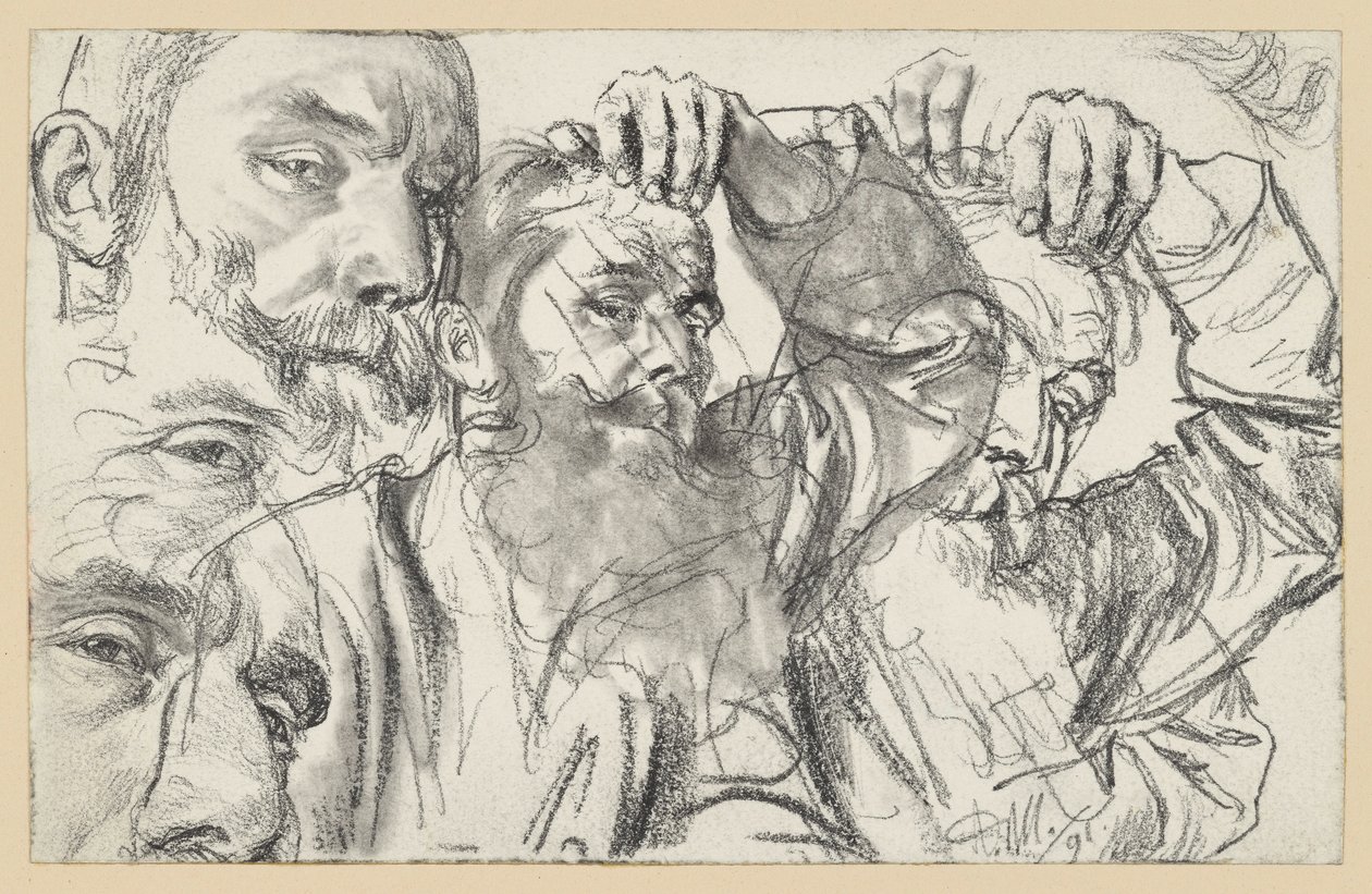 Dvě studie vousatého muže, který si levou rukou sahá na čelo; tvář je dvakrát zopakována od Adolph Menzel