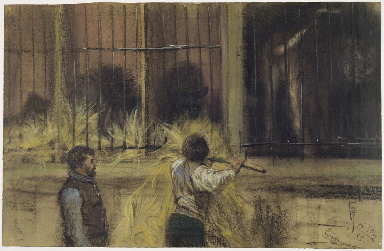 Dva ošetřovatelé před pavilonem dravců od Adolph Menzel