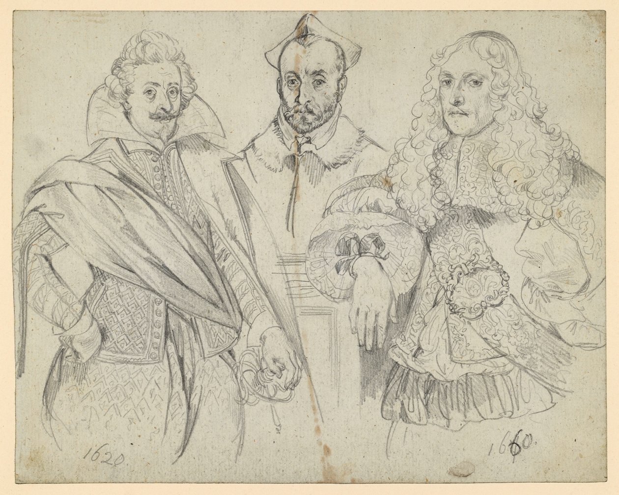 Dva hodnostáři z let 1620 a 1660, uprostřed kardinál. Kopie historických vyobrazení od Adolph Menzel