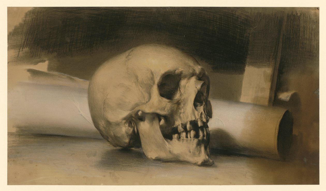 lidská lebka vpravo, za ní svitek papíru od Adolph Menzel