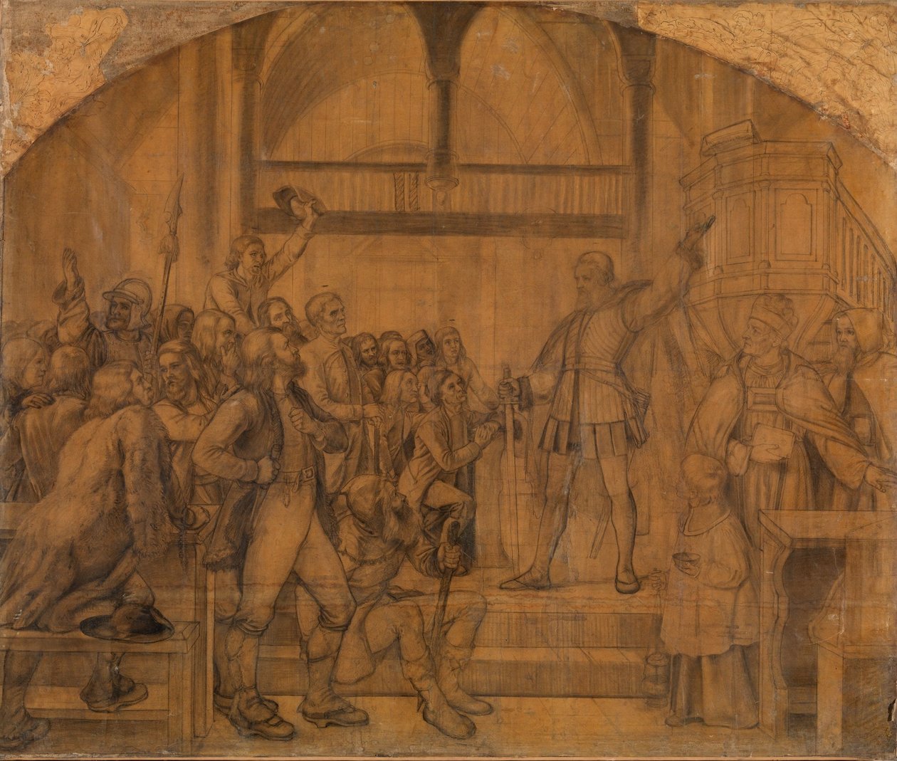 Gustav Vasa hovoří k lidu Dalarny v kostele v Moře od Adolph Tidemand