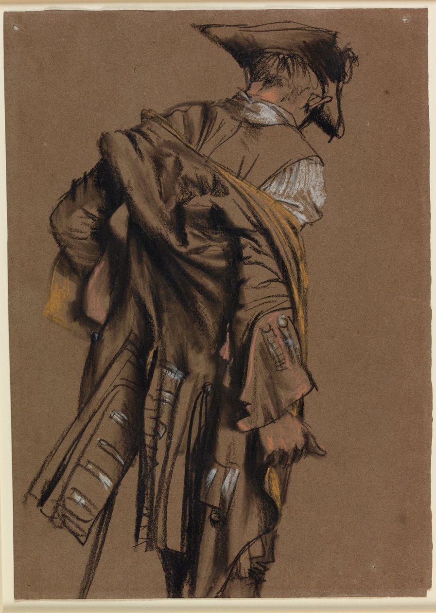 Umělecký model z pohledu zezadu, jak si obléká uniformu z 18. století od Adolph Menzel