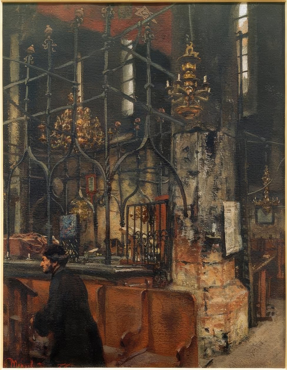 Interiér Staronové synagogy v Praze od Adolph Menzel
