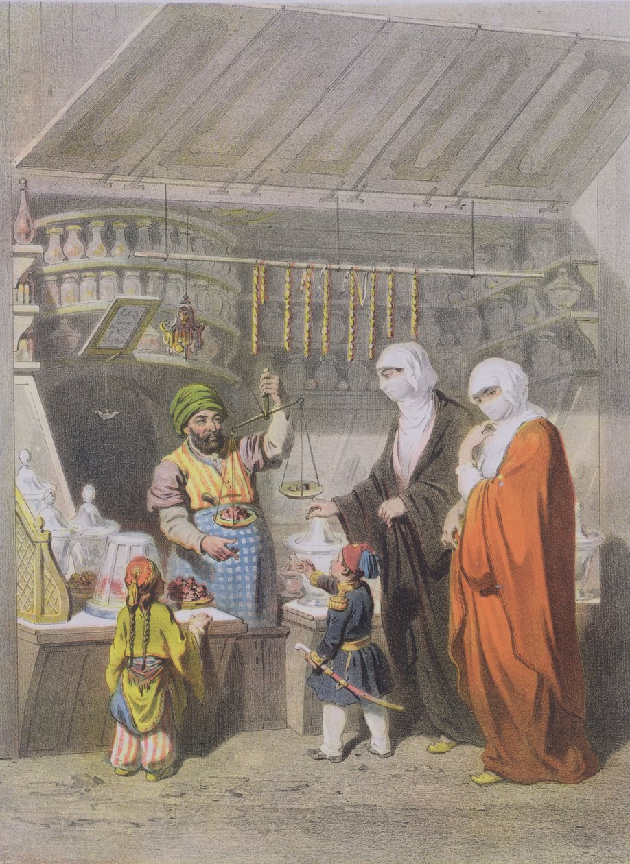 Stánek prodávající kořeněné delikatesy na bazaru od Adolphe Jean Baptiste Bayot