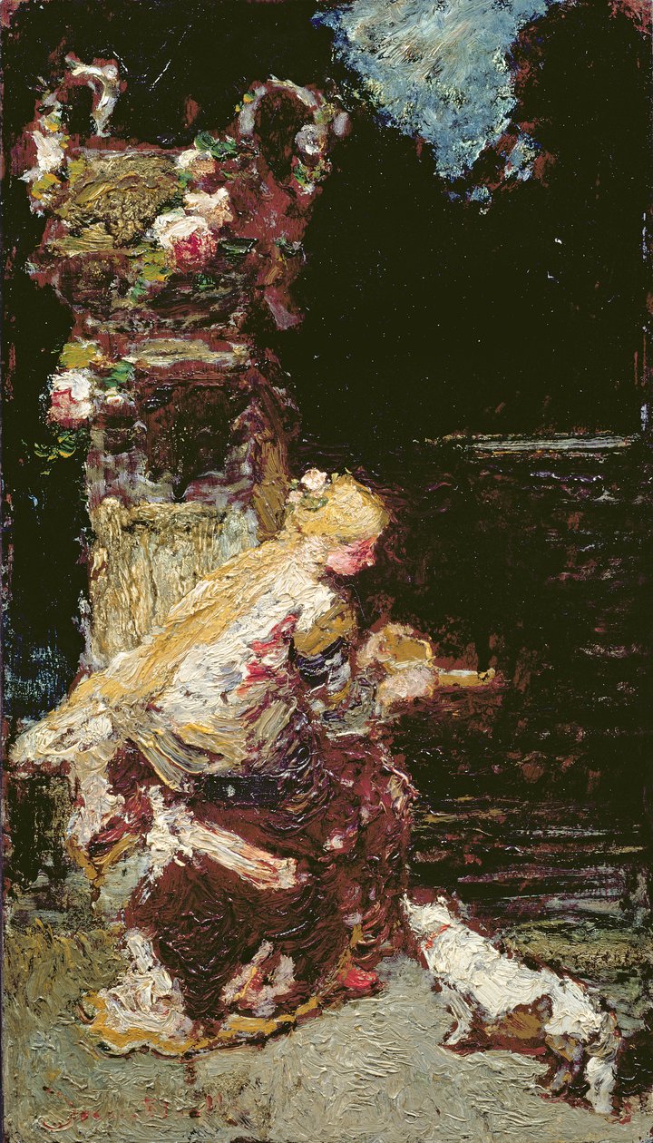 Mladá dívka s kočkou od Adolphe Joseph Thomas Monticelli